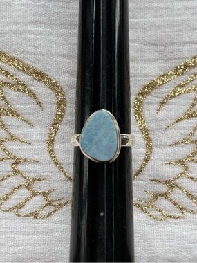 Sterling Silver Blue Opal Gemstone Ring - Women's Solitaire Ring Size 8